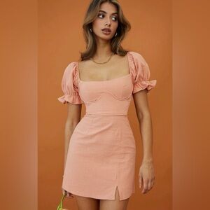 Selfie Leslie Norma Jean Puff Sleeve Piping Trim Mini Dress Apricot